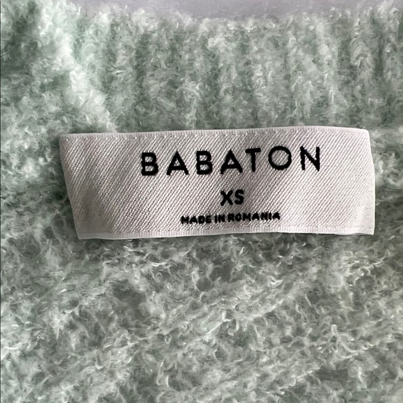 Babaton Aritzia Mint Green Merino Wool Puff Sleeve Sweater XS V-Back Cropped - Picture 3 of 5